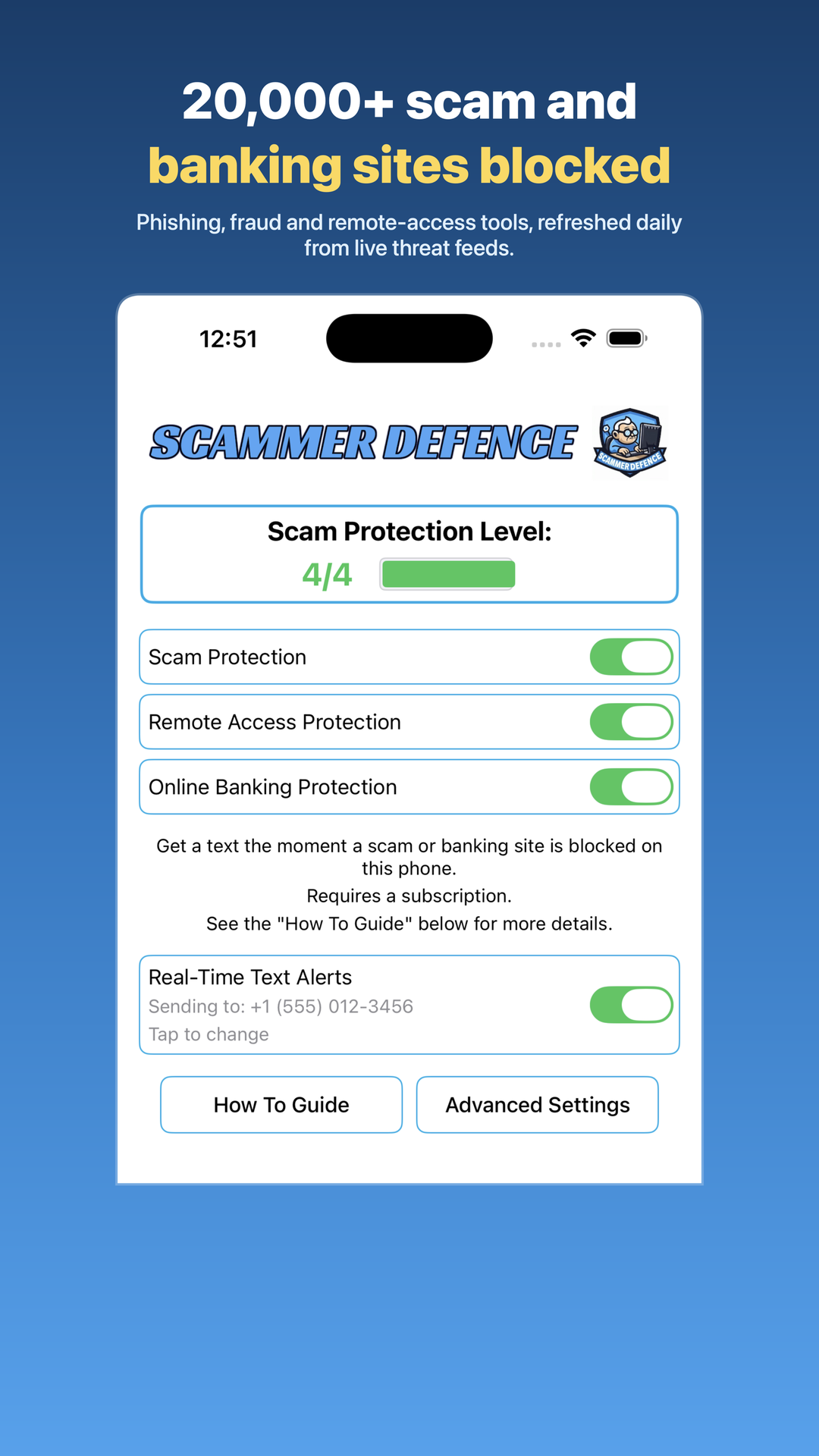 Scammer Defence blocking a scam website before it loads